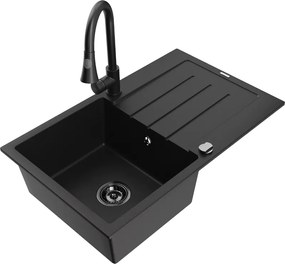 Mexen Bruno granieten gootsteen 1-komers met afdruiprek en keukenmengkraan Elia, zwart - 6513-77-670101-70-B