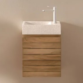 Conjunto Vaniteitmeubel Zwevend Van Teakhout Met Geïntegreerde Wasbak Van Napier-cement Teakhout & Spiegelloze & Wit ↑20 Cm - Sklum