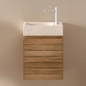 Wandgemonteerde Badkamermeubelset 40x20 Cm Van Teakhout Met Geïntegreerde Napier Cementen Wastafel Teakhout & Spiegelloze & Wit ↑20 Cm Met Aftapkraan