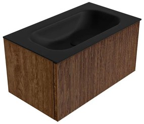 Mondiaz Kurve 80cm badmeubel walnut met 1 lade en wastafel big small midden zonder kraangat urban