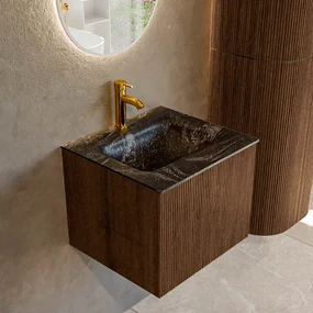 Mondiaz Kurve-dlux 50cm badmeubel walnut met 1 lade en wastafel grunne midden 1 kraangat lava