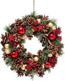 Kerstkrans "Holly Star" - groen - Diameter 35 cm - met sterren, rode bessen, dennenappels &amp; kerstballen