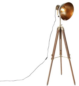 Industriële tripod vloerlamp brons met hout - Mangoes Industriele / Industrie / Industrial E27 Binnenverlichting Lamp