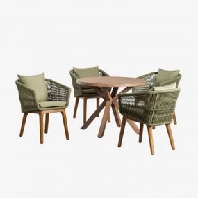 Set Van Ronde Houten Tafel (ø100 Cm) Naele En 4 Barker Eetkamerstoelen Bamboe Groen - Sklum