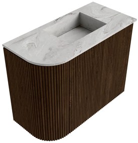 Mondiaz Joya DLux 50cm toiletmeubel ronding links walnut met wastafel faye rechts zonder kraangat glace