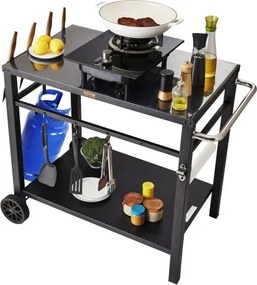 VEVOR Serveerwagen Keukentrolley 100 x 64 x 83,5 cm Buitengrill Eetwagen met Dubbele Plank, Verplaatsbare Grilltafel voor Voedselbereiding, Multifunctioneel Tafelblad van IJzer, Zwart