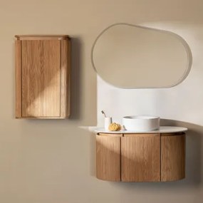Carsone Houten Badkamermeubelset Natuurlijk Hout & Natuurlijk Hout & Rond Keramiek Wit Ø40 Cm Lenka & Ovaal Led En Anticondens 100x80 Cm Meunier -