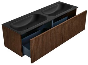 Mondiaz Kurve 140cm badmeubel walnut met 2 lades en wastafel big small dubbel zonder kraangat urban
