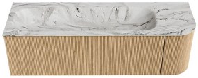 Mondiaz Kurve-dlux 145cm badmeubel ronding rechts oak met 1 lade en deur en wastafel big large links zonder kraangat glace