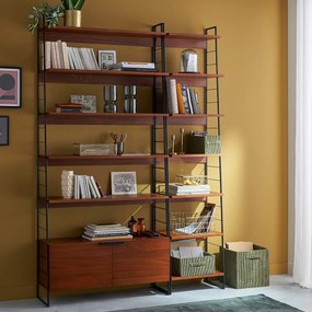 Boekenkast, staal en walnootfineer, 220 cm hoog, WATFORD