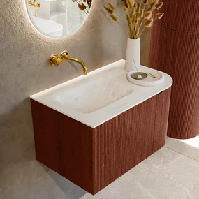 Mondiaz Kurve-dlux 75cm badmeubel ronding rechts ruby met 1 lade en deur en wastafel grunne links zonder kraangat opalo
