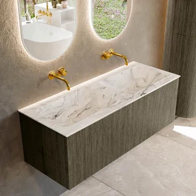 Mondiaz Kurve-dlux 120cm badmeubel shadow met 1 lade en wastafel leaf dubbel zonder kraangat glace