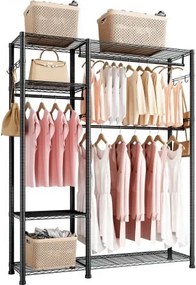 VEVOR Kledingrek (verstelbaar) met 3 kledingstangen en een draagvermogen van 363 kg en 6 planken en 8 haken, open kledingkast voor slaapkamer, kledingwinkel, garderobe, hal