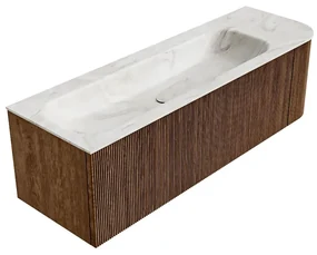 Mondiaz Kurve-dlux 145cm badmeubel ronding rechts walnut met 1 lade en deur en wastafel big large kraangat links ostra
