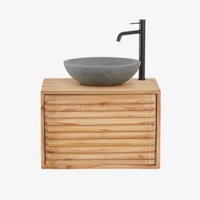Hangend Badkamermeubelset 60x45 Cm In Hout Deleyna Natuurlijk Hout & Rond Grijs Cement Ø40 Cm Tarsis & Spiegelloze & Mat Zwart ↑30 Cm Met Afvoerkraan