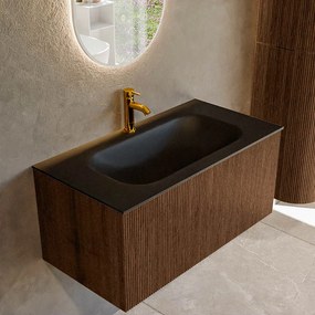 Mondiaz Kurve 90cm badmeubel walnut met 1 lade en wastafel big small midden 1 kraangat urban
