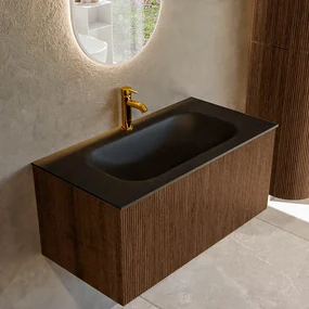 Mondiaz Kurve 90cm badmeubel walnut met 1 lade en wastafel big small midden 1 kraangat urban