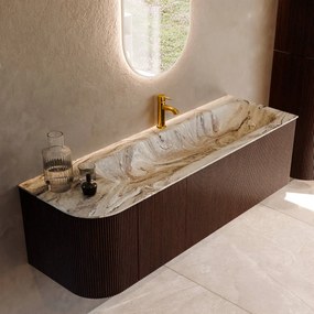 Mondiaz Kurve-dlux 145cm badmeubel ronding links ruby met 1 lade en deur en wastafel big large kraangat rechts glace