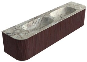 Mondiaz Kurve-dlux 190cm badmeubel ronding links/rechts ruby met 2 lades en deuren en wastafel stor small dubbel zonder kraangat glace