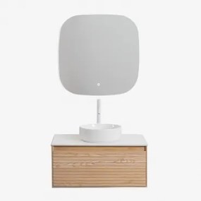 Tedrik Zwevend Badkamermeubelset Van Essenhout Ash Brown & Rond Keramiek Wit Ø40 Cm Lenka & Vierkant Led En Anticondens 75x75 Cm Riben & - Sklum