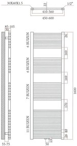 Sanicare design handdoekradiator 60x160cm midden aansluiting inox look