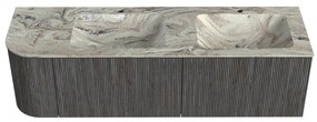 Mondiaz Kurve-dlux 155cm badmeubel ronding links shadow met 2 lades en 1 deur en wastafel leaf dubbel/rechts 2 kraangaten glace