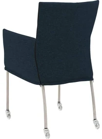 Goossens Eetkamerstoel Funk RVS Poten blauw stof met armleuning en met wielenTransparant skater wiel met rvs kap, modern design