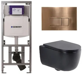 QeramiQ Dely Swirl Toiletset - 36.3x51.7cm - Geberit UP320 Burda inbouwreservoir - slim zitting - koperen bedieningsplaat - rechthoekige knoppen - mat zwart 0701131/SW706197/SW1000768/SW1026258