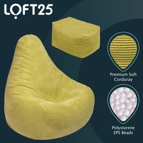 Highback Zitzak Stoel incl. Poef Corduroy Stof - Lime