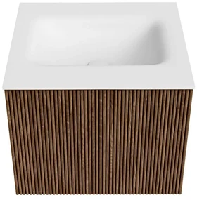 Mondiaz Kurve 50cm badmeubel walnut met 1 lade en wastafel grunne midden 1 kraangat