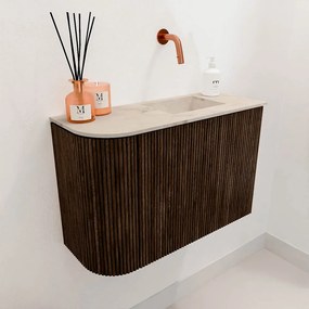 Mondiaz Joya DLux 60cm toiletmeubel ronding links walnut met wastafel faye rechts zonder kraangat frappe