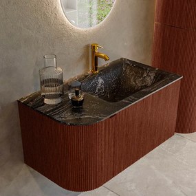 Mondiaz Kurve-dlux 85cm badmeubel ronding links ruby met 1 lade en deur en wastafel cloud kraangat rechts lava