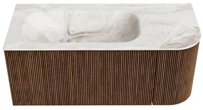 Mondiaz Kurve-dlux 105cm badmeubel ronding rechts walnut met 1 lade en deur en wastafel big small kraangat links frappe