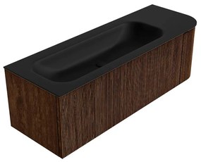 Mondiaz Kurve 135cm badmeubel ronding rechts walnut met 1 lade en deur en wastafel big medium kraangat links urban