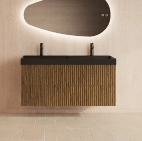 Gliss Design Hybris badmeubel met ribbelfront 120cm castle brown met zwarte wastafel met 2 kraangaten Lako