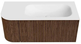 Mondiaz Kurve 105cm badmeubel ronding links walnut met 1 lade en deur en wastafel big small kraangat rechts