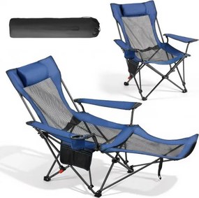 VEVOR opvouwbare campingstoel, relaxstoel met 4 verstelbare standen, comfortabele stoel met bekerhouder, strandstoel van mesh met hoofdsteun en voetensteun, draagvermogen 100 kg, voor kamperen in de buitenlucht, blauw