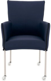 Goossens Eetkamerstoel Funk RVS Poten blauw leer met armleuning en Transparant skater wiel met rvs kapmet wielen, modern design