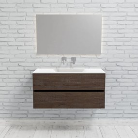 Zaro Valencia Solid Surface badmeubel 100cm donker eiken zonder kraangat spoelbak midden met 2 lades