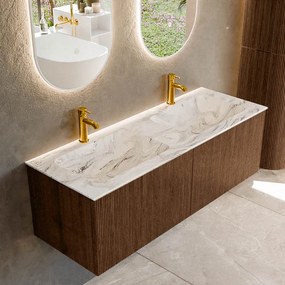 Mondiaz Kurve-dlux 130cm badmeubel walnut met 2 lades en wastafel leaf dubbel 2 kraangaten glace