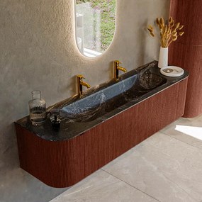 Mondiaz Kurve-dlux 170cm badmeubel ronding links/rechts ruby met 1 lade en 2 deuren en wastafel big large midden 2 kraangaten lava