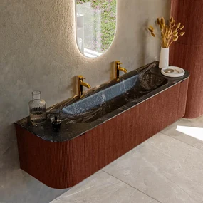 Mondiaz Kurve-dlux 170cm badmeubel ronding links/rechts ruby met 1 lade en 2 deuren en wastafel big large midden 2 kraangaten lava