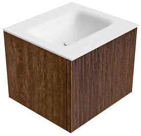 Mondiaz Kurve 50cm badmeubel walnut met 1 lade en wastafel grunne midden 1 kraangat