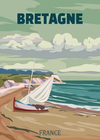 Ilustratie Travel poster Bretagne France, vintage sailboat,, VectorUp