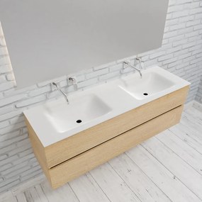 Zaro Valencia Solid Surface badmeubel 150cm licht eiken zonder kraangat dubbele spoelbak met 2 lades