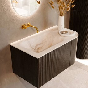 Mondiaz Kurve-dlux 85cm badmeubel ronding rechts shadow met 1 lade en deur en wastafel cloud links zonder kraangat frappe