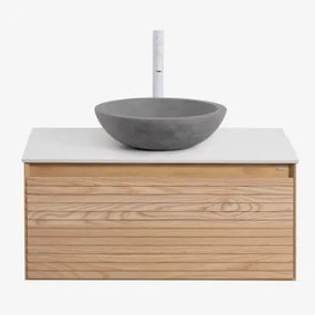 Tedrik Zwevend Badkamermeubelset Van Essenhout Ash Brown & Rond Grijs Cement Ø40 Cm Tarsis & Spiegelloze & Wit ↑30 Cm Met - Sklum