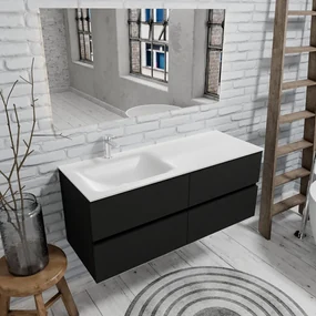 Zaro Valencia mat zwart badmeubel 120cm met Solid Surface wastafel 1 kraangat spoelbak links 4 lades
