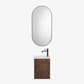 Narek Zwevend Houten Badkamermeubelset Met Geïntegreerde Wastafel Mat Zwart ↑20 Cm Met Afvoerkraan Zonder Overloop Orveta & Donker Hout & Ovale Led En