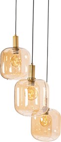 Smart hanglamp zwart met messing en amber glas 3-lichts incl. 3 Wifi G95 - Zuzanna